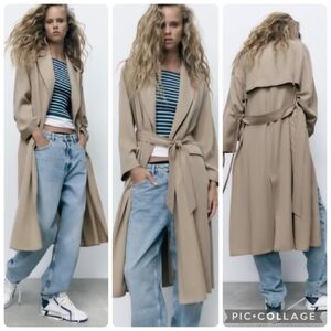 Zara Tan Relaxed Longline Tie Waist Belted Wrap Trench Coat Size Medium